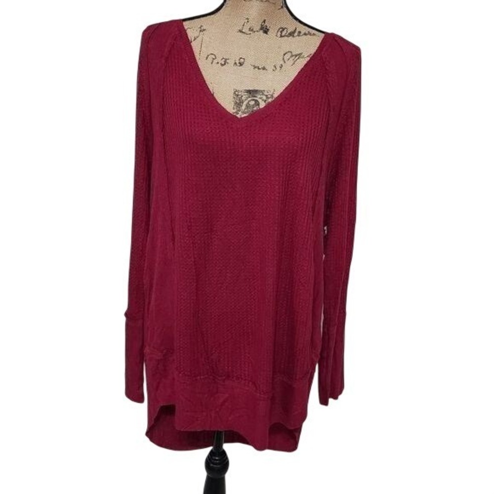 Dex Plus‎ Women Burgundy Waffle Knit V-Neck High-Low Tunic Top 2X